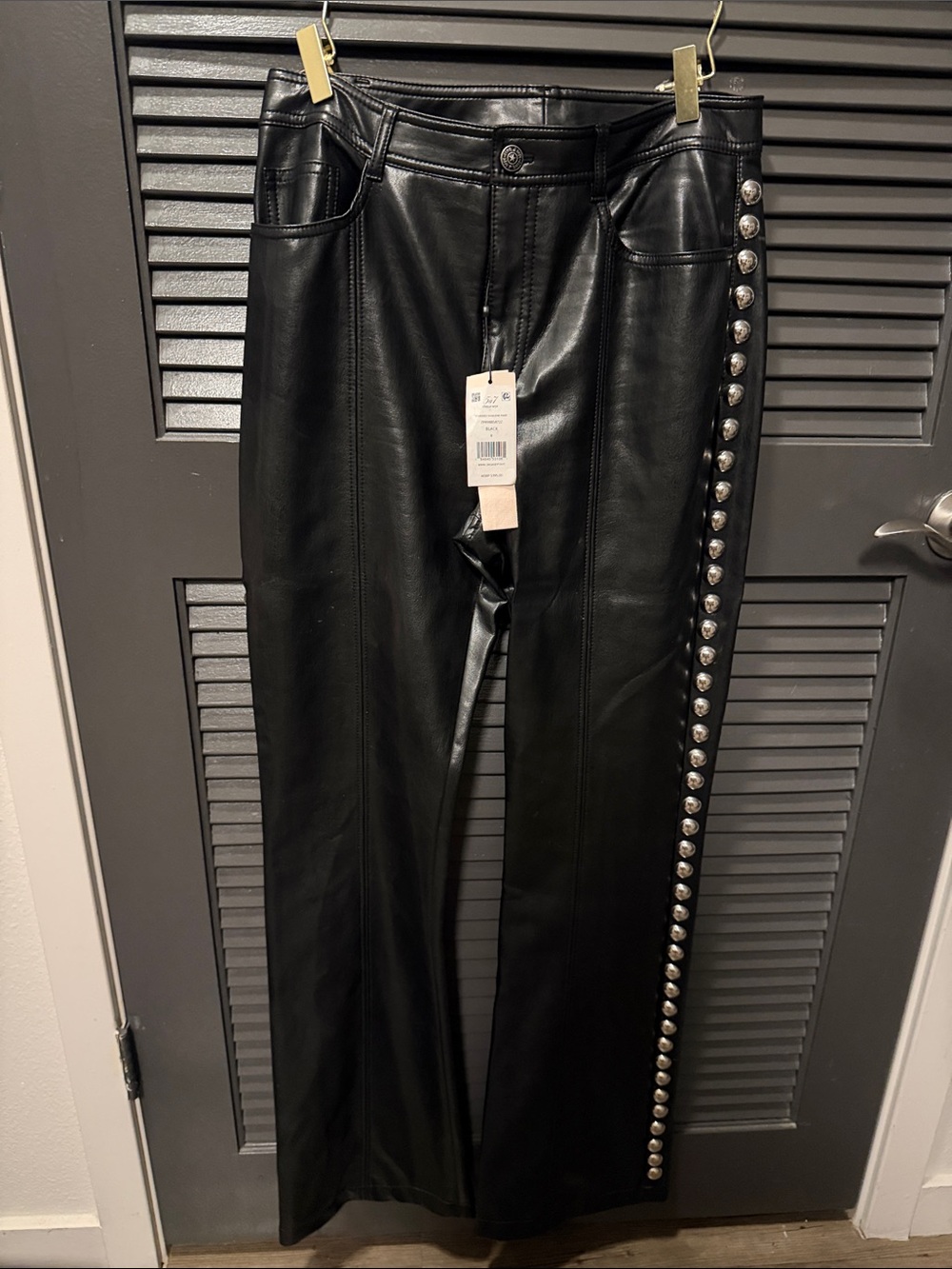 cinq a sept Black Faux Leather Flare Pants with Side Studs